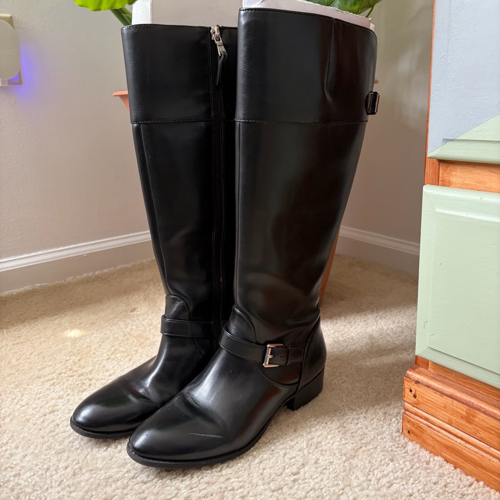 CHAPS Black Leather Knee-High Riding Boots
